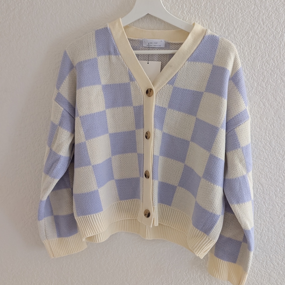 OAK + FORT Checkered Cardigan - Cream and Lilac